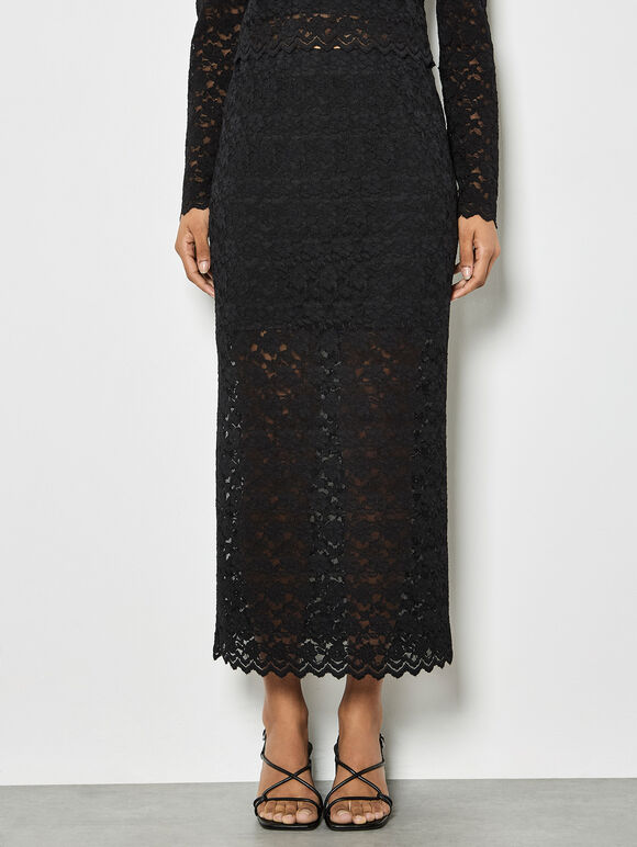 Floral Leaf Lace Midi Skirt, Black, large
