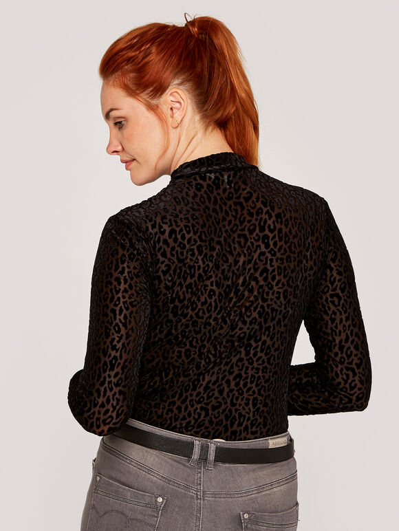 Leopard Devore Mock Neck Top, Black, large