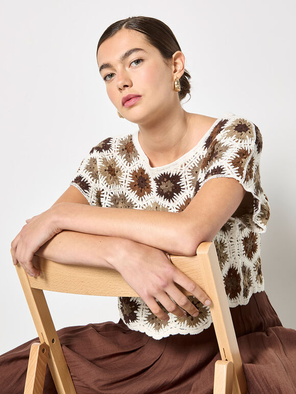 Hexagon Flowers Crochet Top, Rust, large