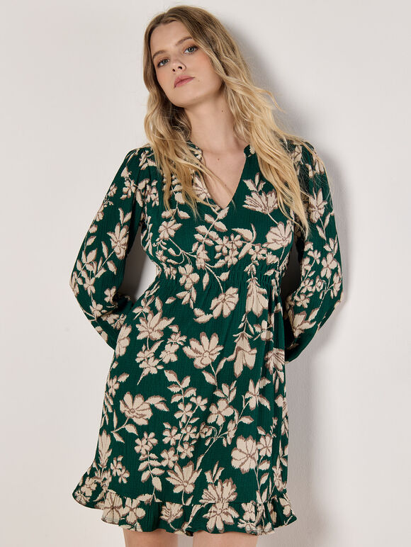 Crinkle Floral Mini Dress, Green, large