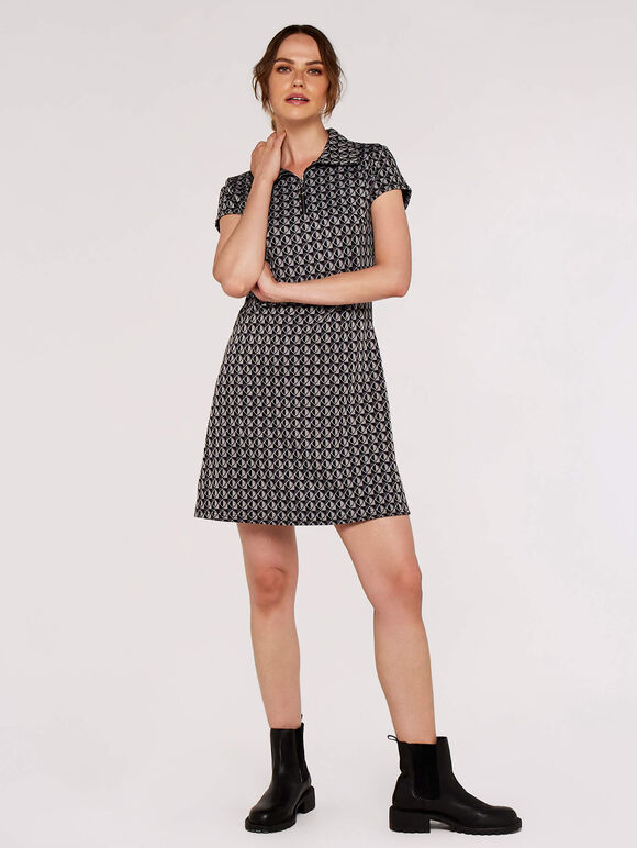 Leaf Print Retro Mini Dress, Grey, large