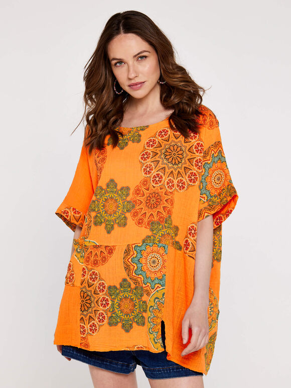 Mandala Panel Oversized Top, Orange, large