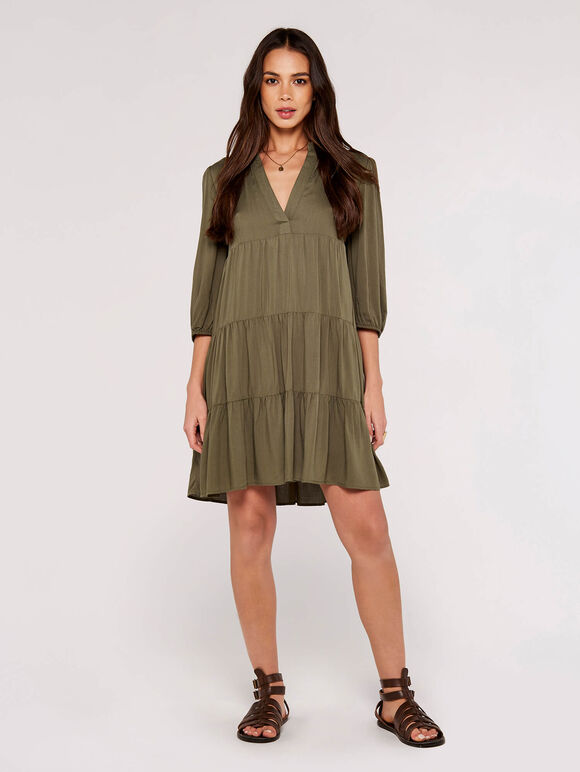 Herringbone Tiered Mini  Dress, Khaki, large