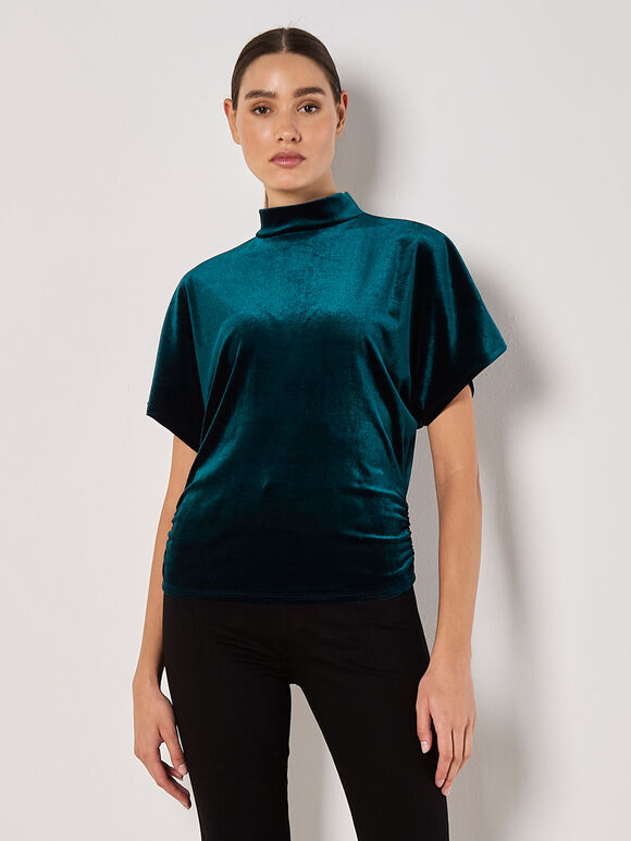 Velvet Ruched Side Top, Green, large