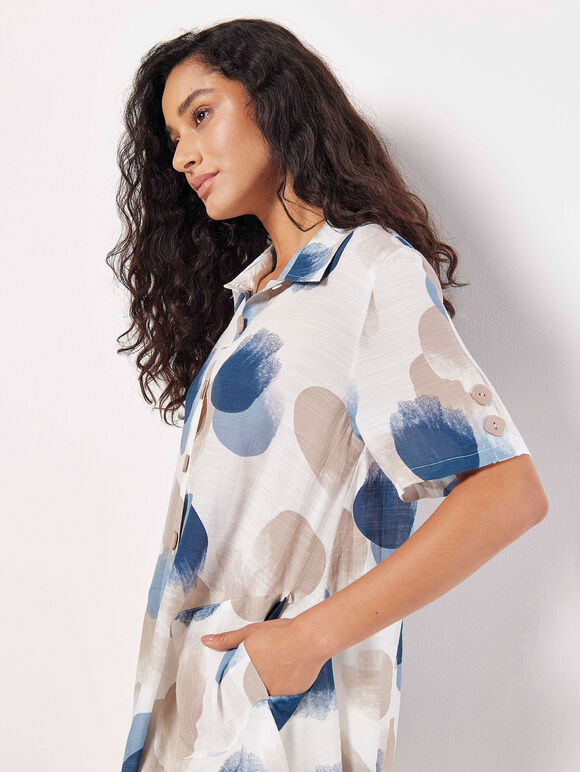 Painted Circles Oversized High-Low Shirt, Navy, large