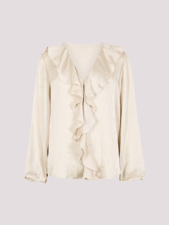 Textured Satin Ruffle Blouse, Cream, large