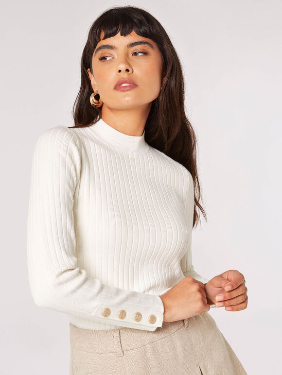 Gold Button Ribbed Jumper, Cream, large