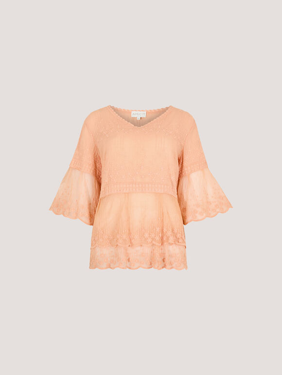 Embroidered Cotton Mesh Blouse, Peach, large