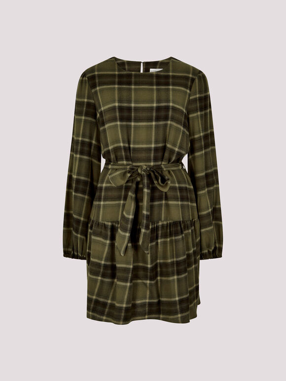 Check Shirt Swing Mini Dress, Khaki, large