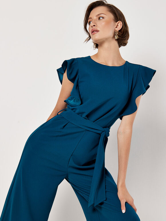 Ruffle Sleeve Jersey Jumpsuit, Teal, large
