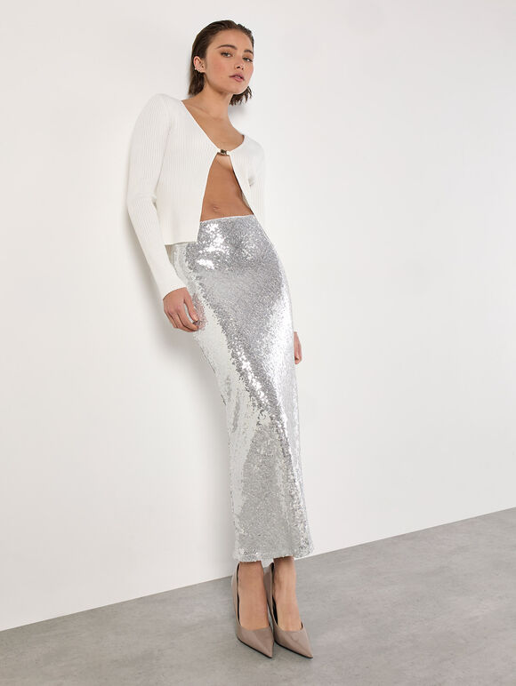 Sequin Bias Cut Midaxi Skirt, Light Grey / Silver, large