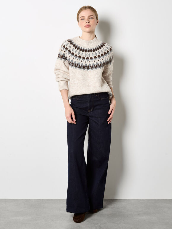 Fair Isle Fluffy Jumper, Stone, large