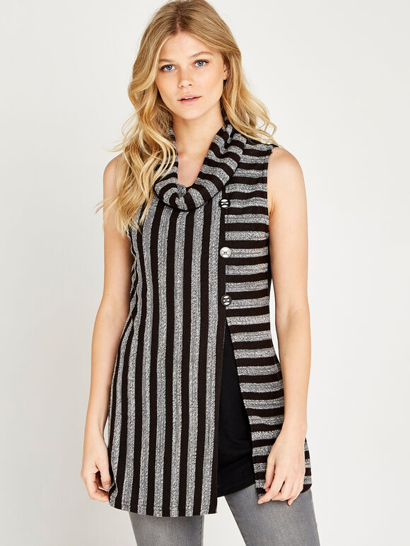 Black Cowl Neck Striped Top, Black, large