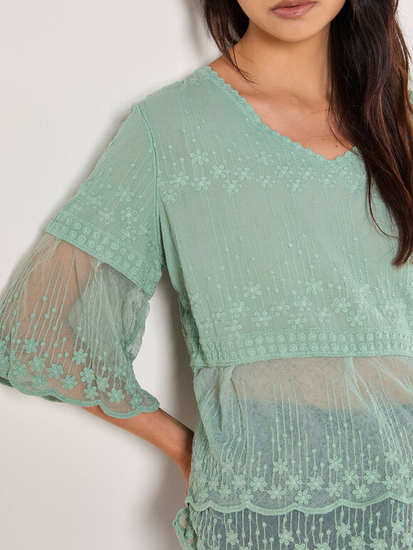 Embroidered Cotton Mesh Blouse, Mint, large