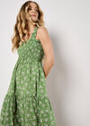 Orchid Print Smocked Midi Dress, Green, large