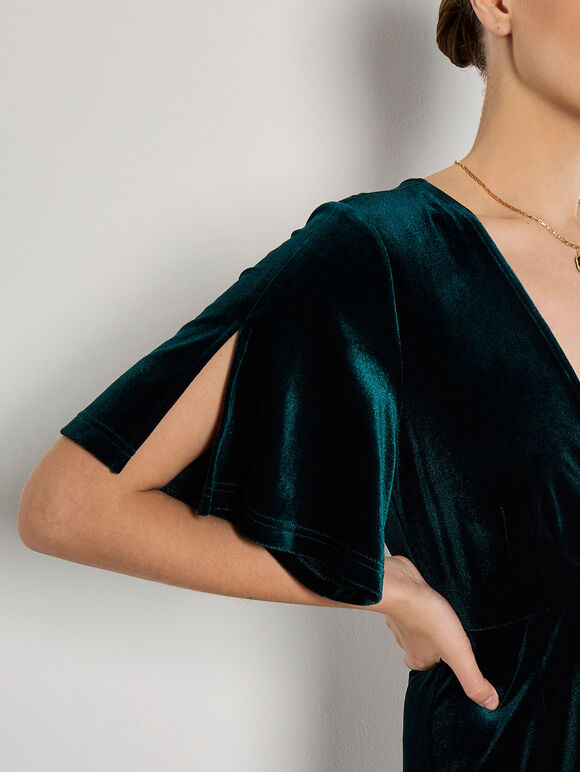 Velvet Wrap Maxi Dress, Green, large
