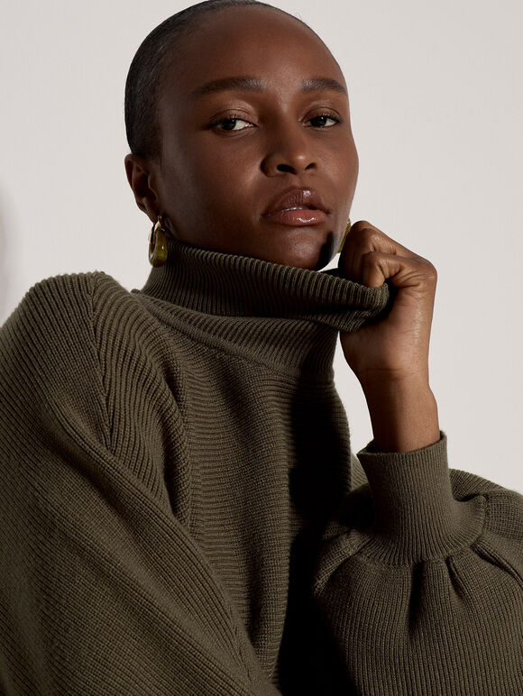 Ribbed Knit Batwing Cape Jumper, Khaki, large
