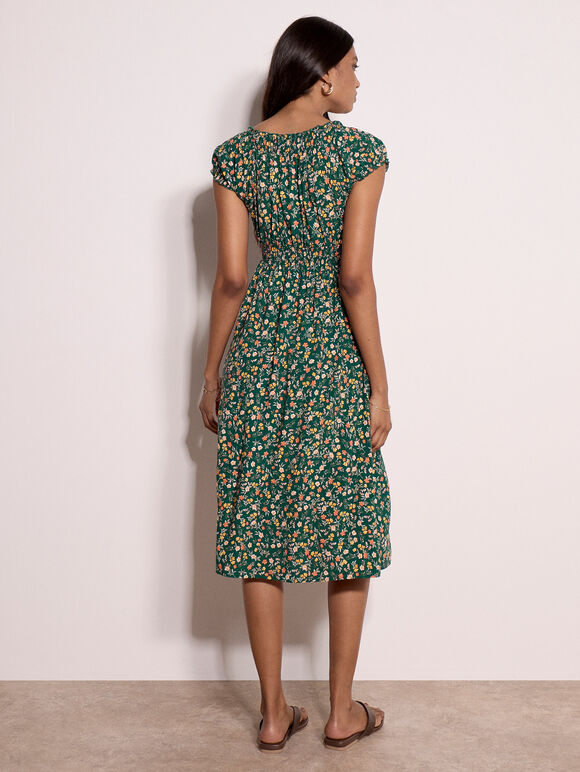 Garden Floral Milkmaid Midi Dress, Green, large