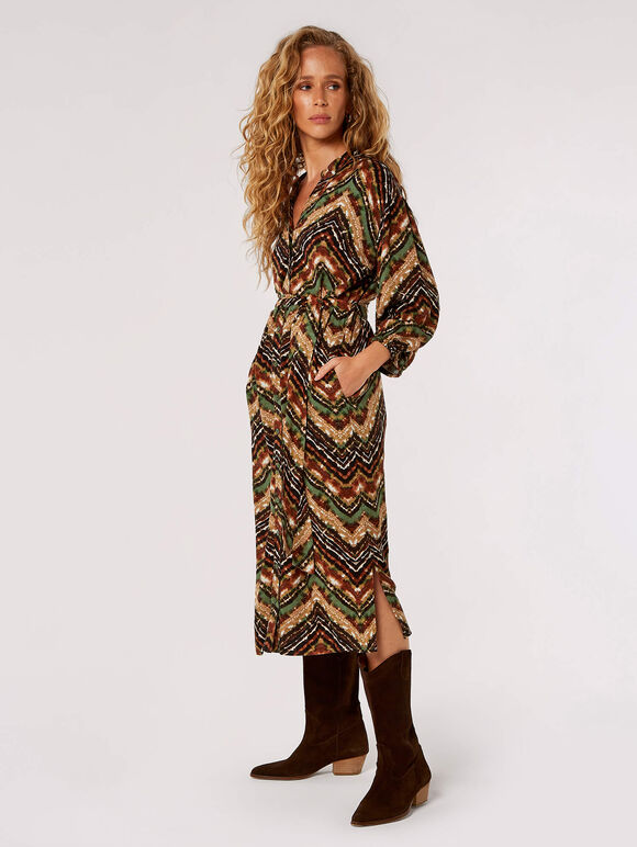 Chevron Shirt Midi Dress, Brown, large