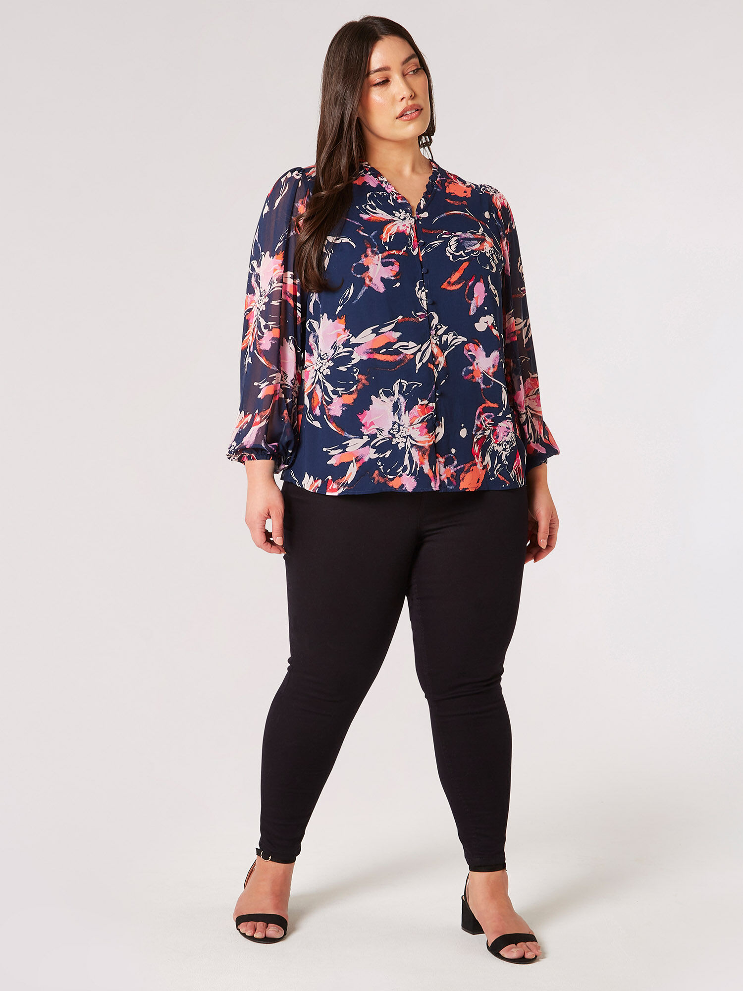 Curve Watercolour Floral Chiffon Blouse Apricot Clothing