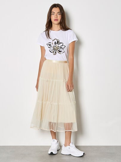 Bow Tiered Mesh Midi Skirt