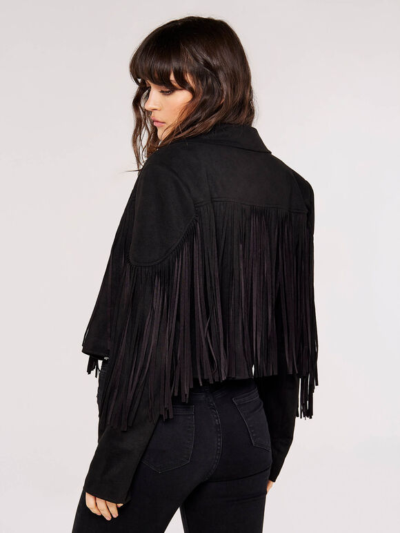 Fringed Suedette Jacket, Black, large