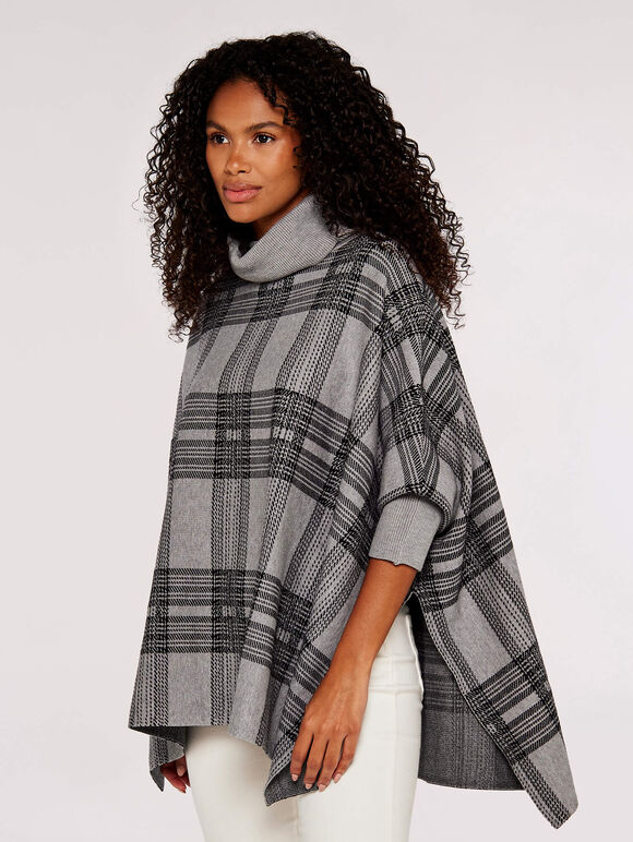 Check Roll Neck Knitted Poncho, Grey, large