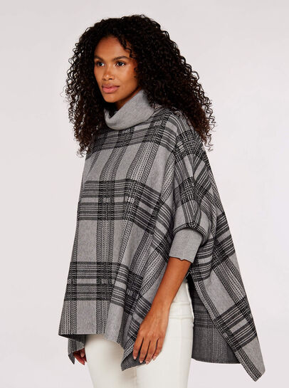 Check Roll Neck Knitted Poncho