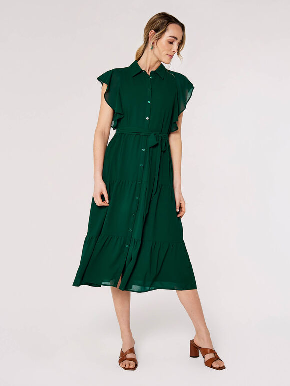 Ruffle Shirt Midi Dress, Green, large