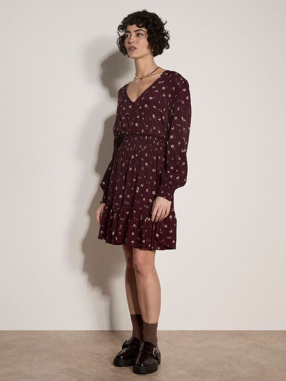 Vintage Floral Crepe Mini Dress, Burgundy, large