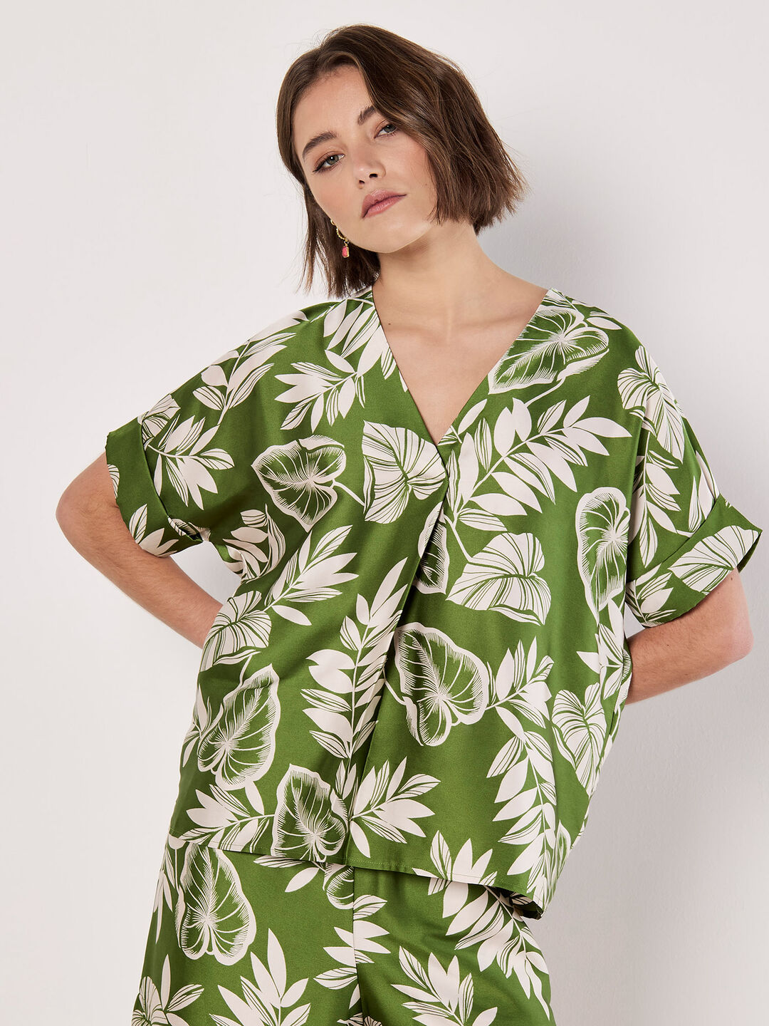 Tropical Leaf Print Satin T-Shirt