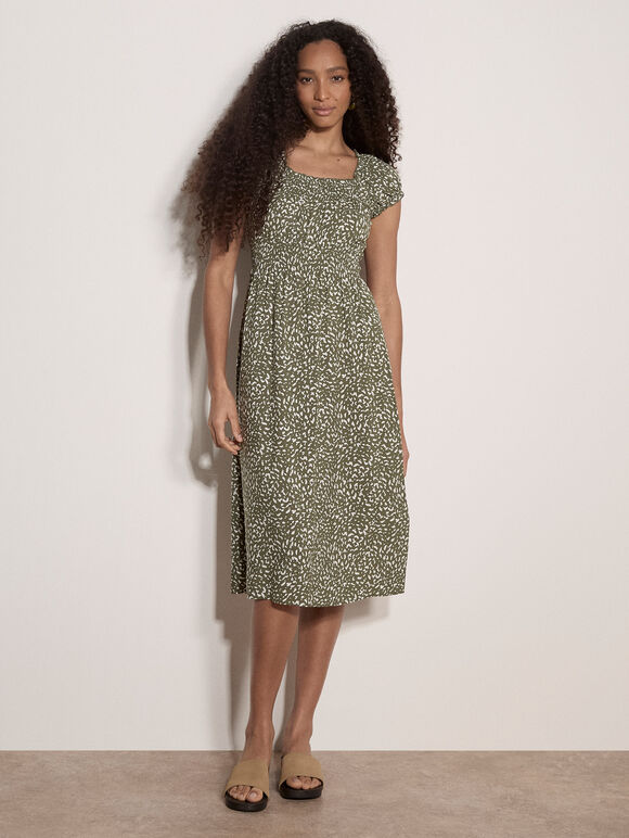 Brush Spot Milkmaid Midi Dress, Khaki, large