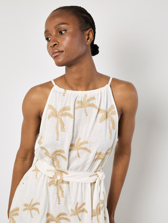 Embroidered Palms Minii Dress, Cream, large