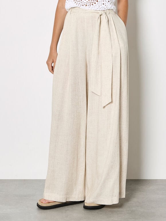 Wide-Leg Linen Blend Trousers, Stone, large