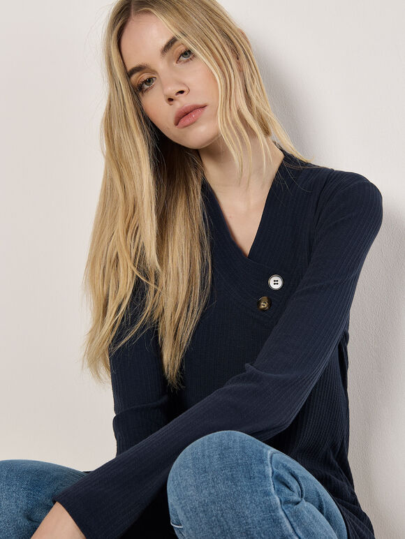 Wrap Hem Ribbed Tunic Top, Navy, large