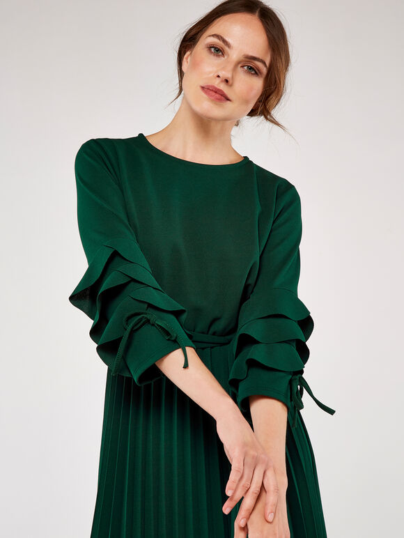 Pleat Ruffle Sleeve Midi Dress, Green, large