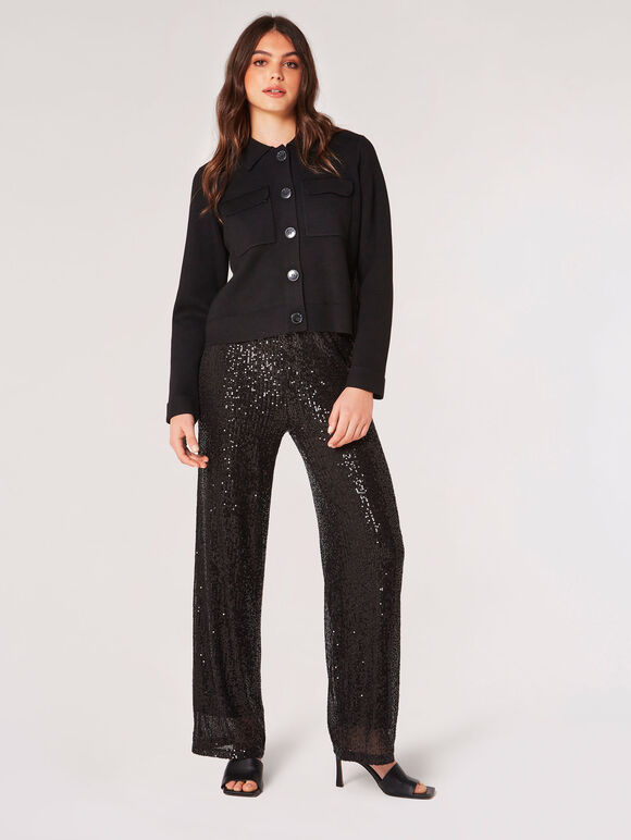 Sequin Embellished Palazzo Trousers, Black, large