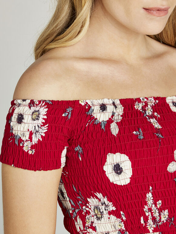Poppy & Daisy Floral Bardot Maxi Dress, Red, large