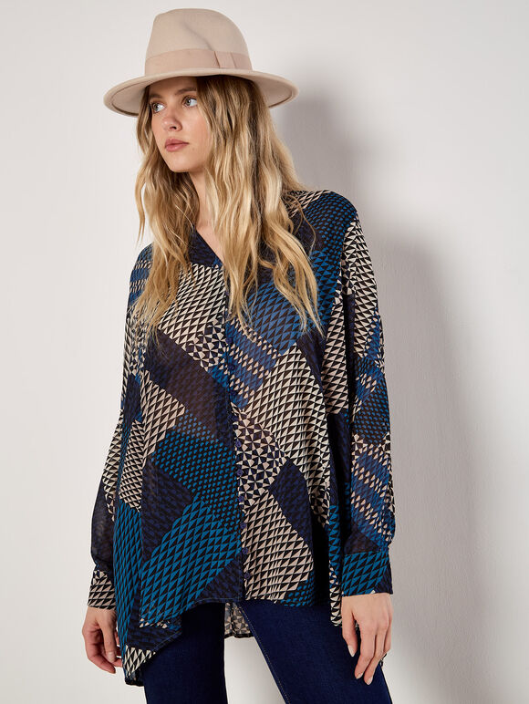 Geo Patchwork Chiffon Shirt, Teal, large