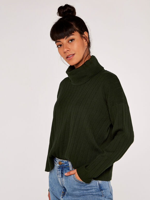 Cowl Neck Ribbed Jumper, Green, large