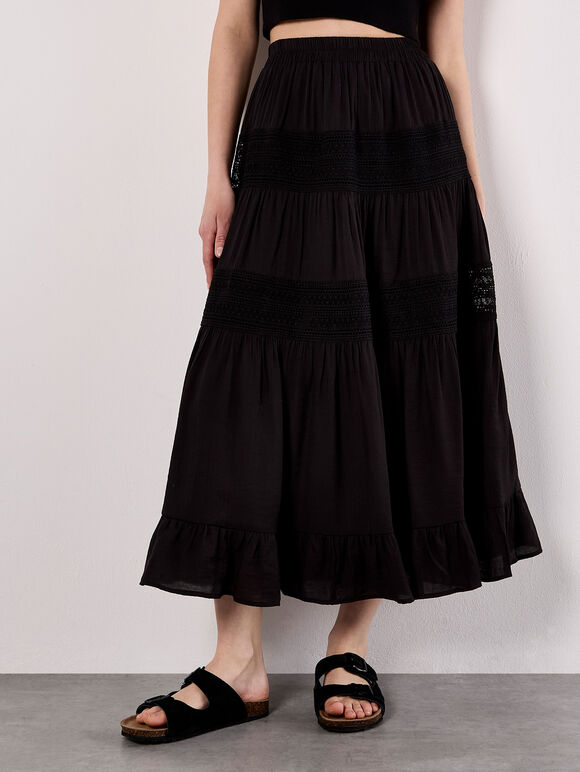 Crochet Panel Tiered Midi Skirt, Black, large