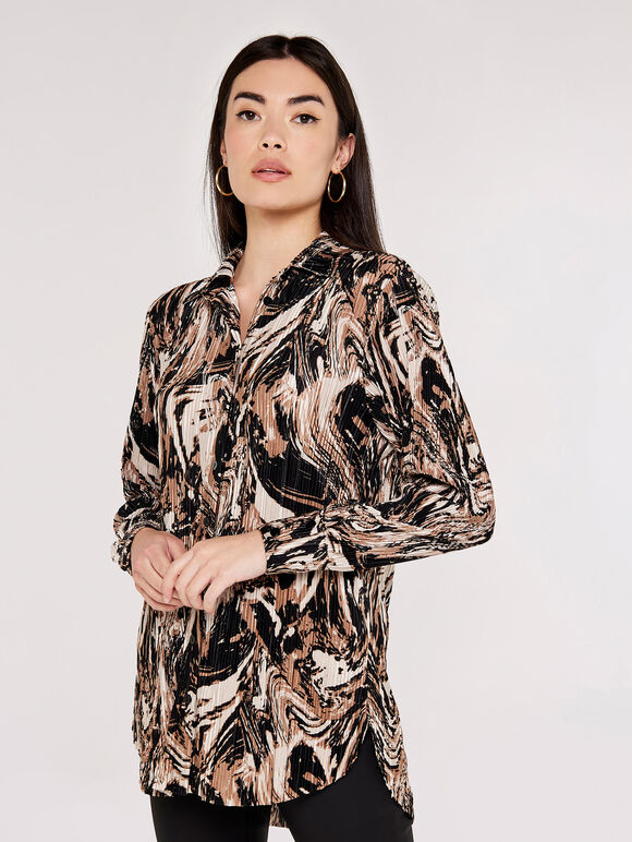 Marble Print Plisse Shirt, Black, large