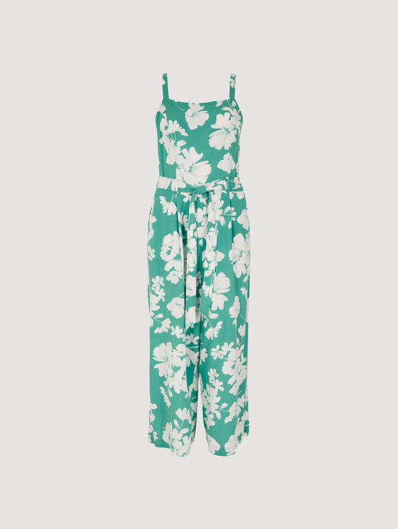 Floral Silhouette Wide-Leg Jumpsuit, Aqua - Turquoise, large