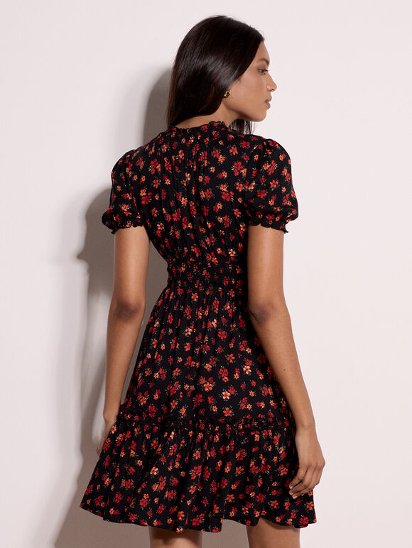 Floral Print Smocked Mini Dress, Black, large