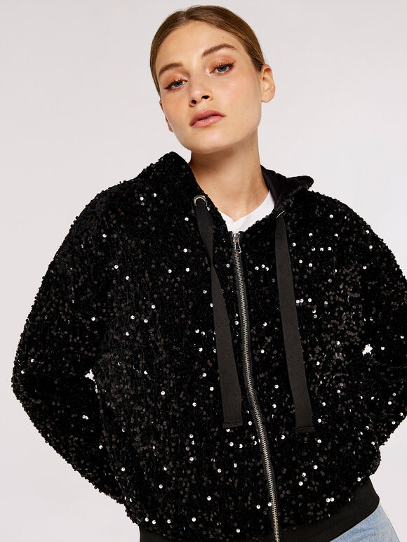 Sequin Bomber Jacket, Black, large