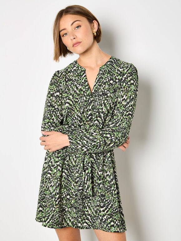Animal Ikat Print Drawstring Mini Dress, Green, large