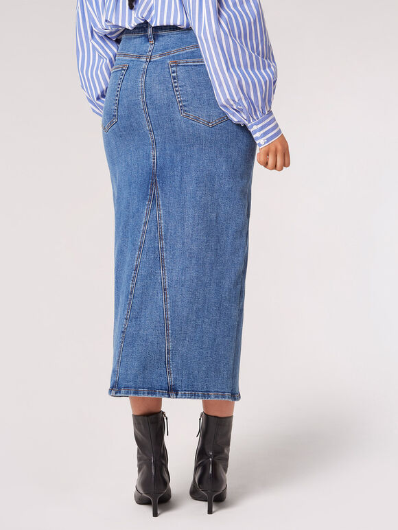 Split Hem Denim Midi Skirt, Blue, large