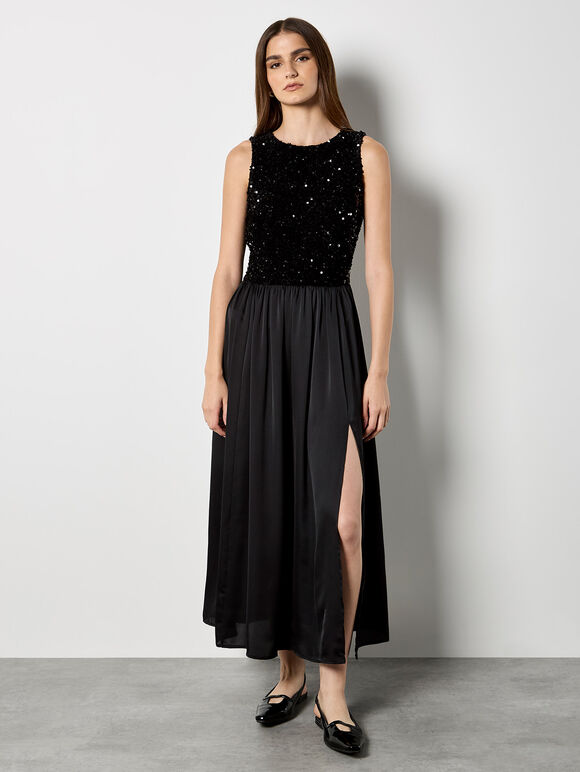 Velvet Sequin Bodice Midi Dress, Black, large