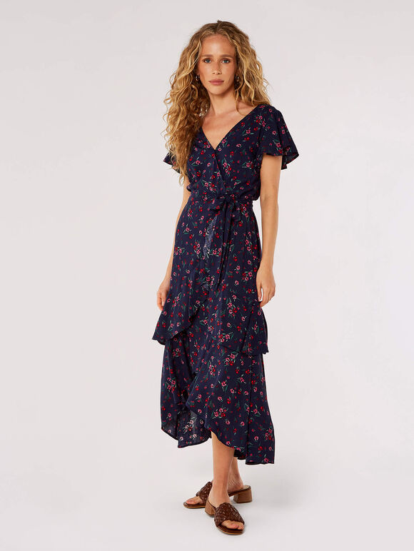 Wildflower Print Tiered Midi Dress, Navy, large