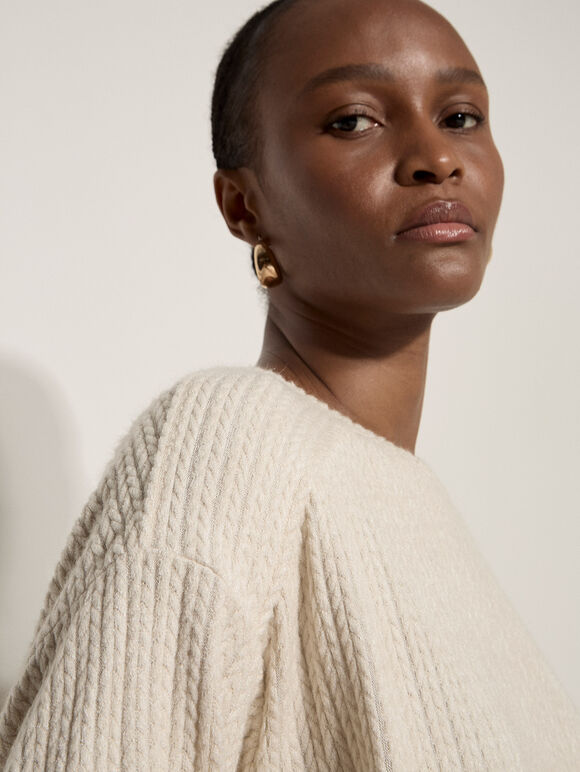 Jacquard Knit Jersey Top, Stone, large